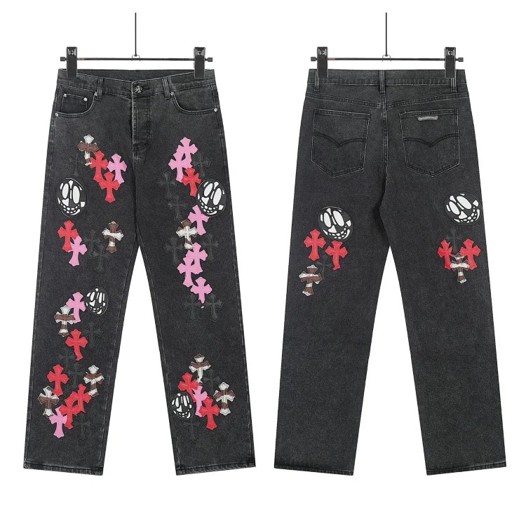 Chrome Hearts CH jeans cross denim patched leather loose