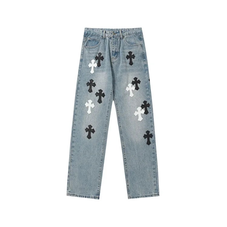 Chrome Hearts CH jeans cross denim patched leather loose
