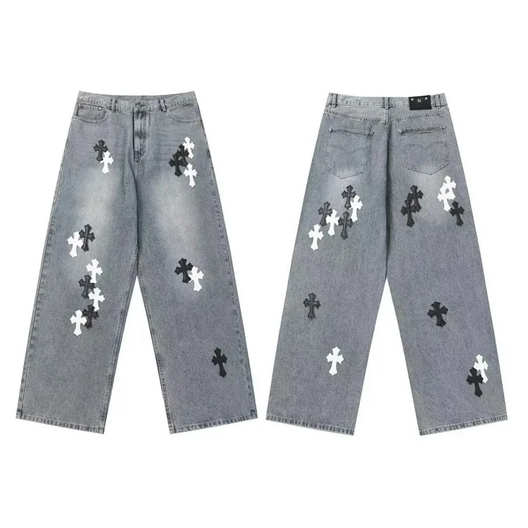 Chrome Hearts CH jeans cross denim patched leather loose