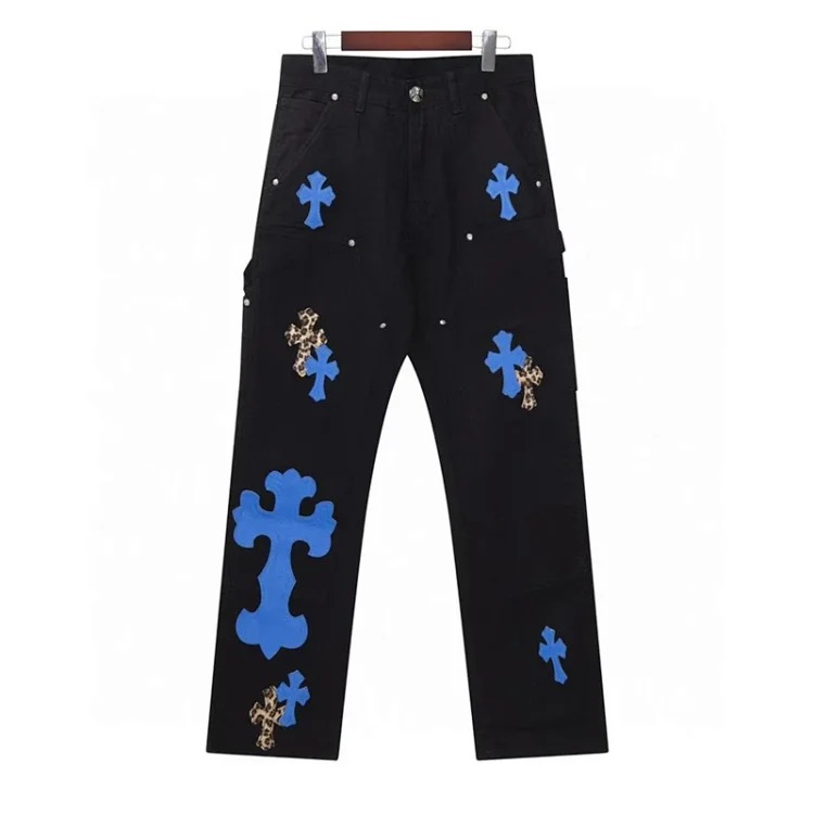 Chrome Hearts CH jeans cross denim patched leather loose