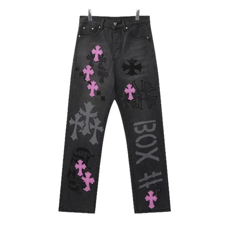 Chrome Hearts CH jeans cross denim patched leather loose