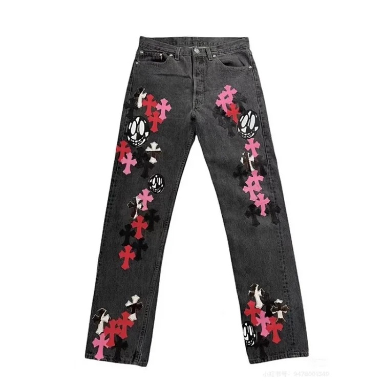 Chrome Hearts CH jeans cross denim patched leather loose