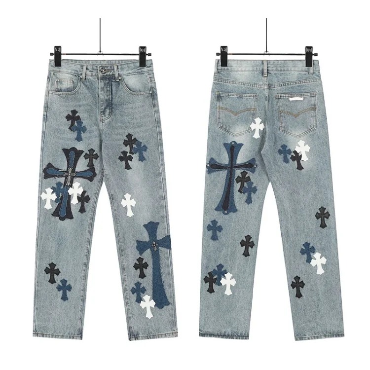 Chrome Hearts CH jeans cross denim patched leather loose