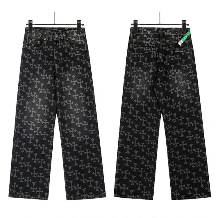 Chrome Hearts CH jeans cross denim patched leather loose