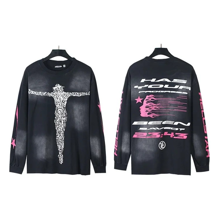 Distressed washed casual loose bottoming long-sleeved round neck T-shirt for men and women