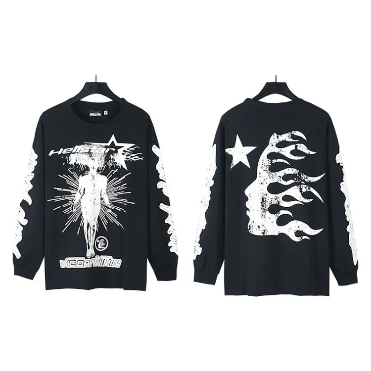 Distressed washed casual loose bottoming long-sleeved round neck T-shirt for men and women