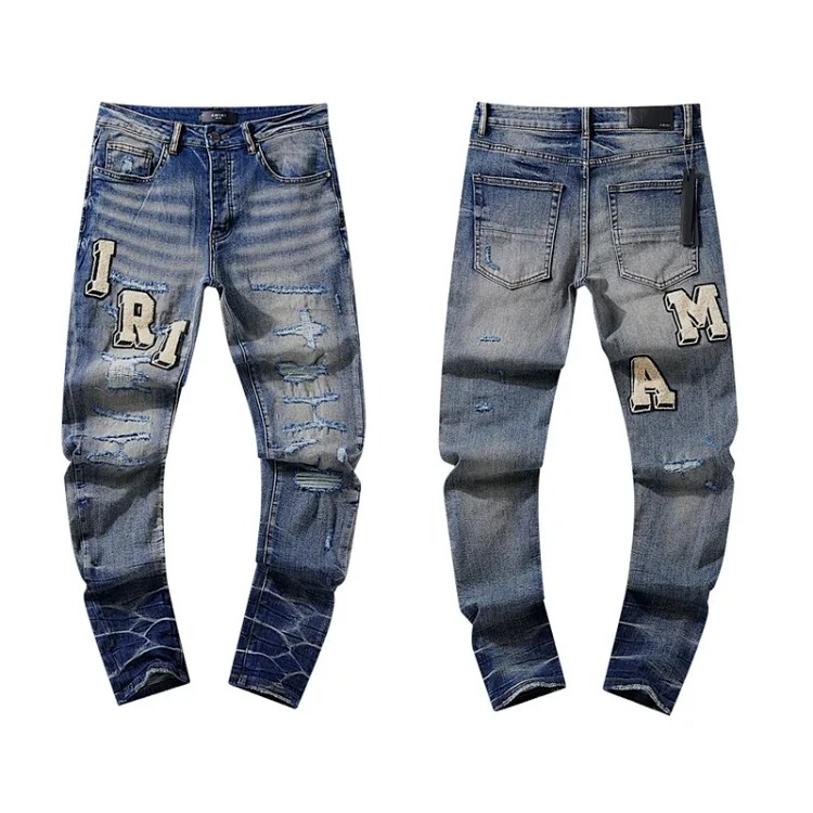 Casual jeans with ripped holes, hot diamond embroidery