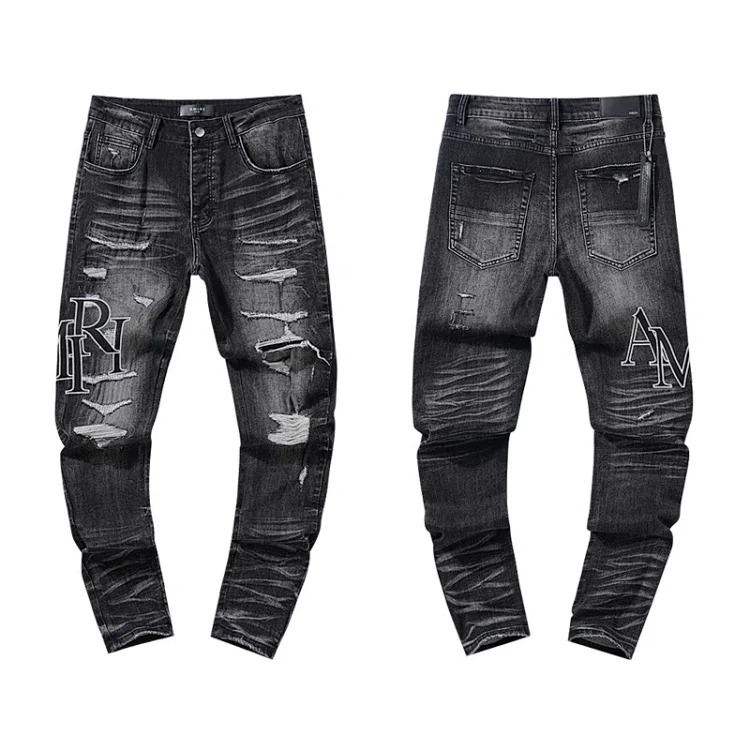 Casual jeans with ripped holes, hot diamond embroidery