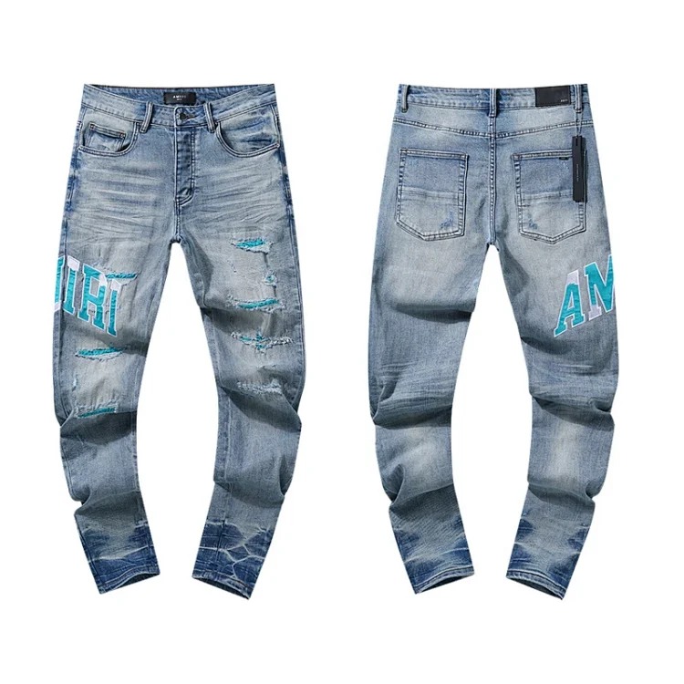 Casual jeans with ripped holes, hot diamond embroidery