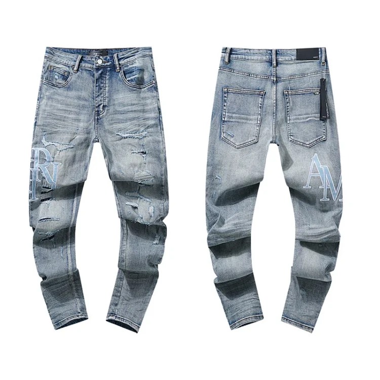 Casual jeans with ripped holes, hot diamond embroidery