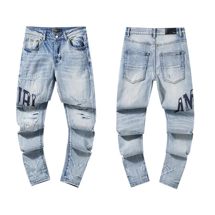 Casual jeans with ripped holes, hot diamond embroidery