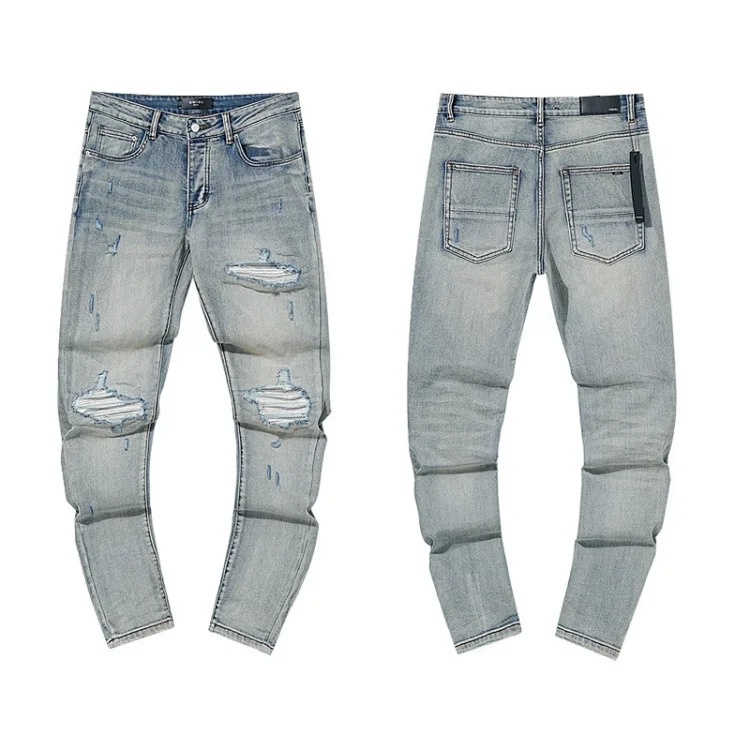 Casual jeans with ripped holes, hot diamond embroidery