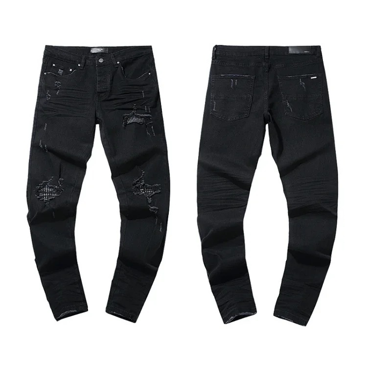 Casual jeans with ripped holes, hot diamond embroidery