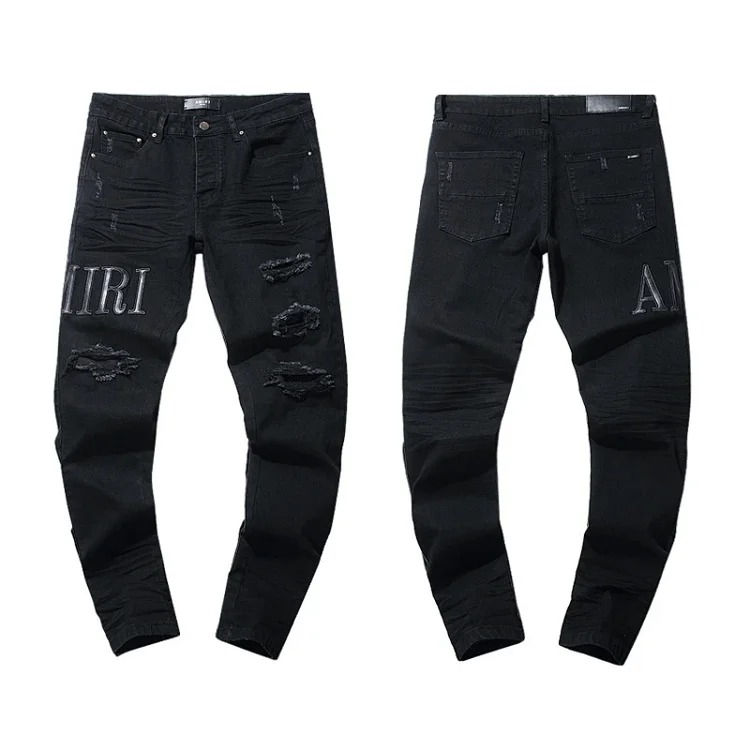 Casual jeans with ripped holes, hot diamond embroidery
