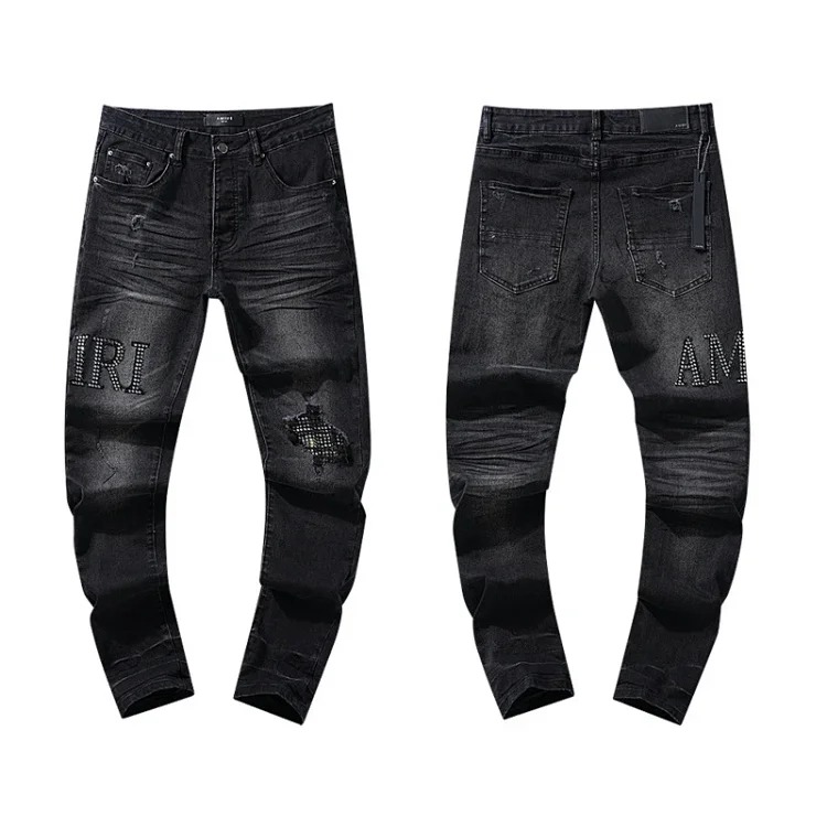 Casual jeans with ripped holes, hot diamond embroidery