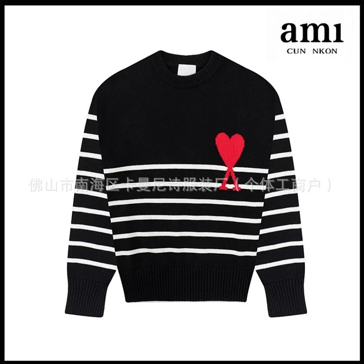 Cross-border AM sweater classic round neck big heart jacquard pullover loose lazy casual couple wear trend