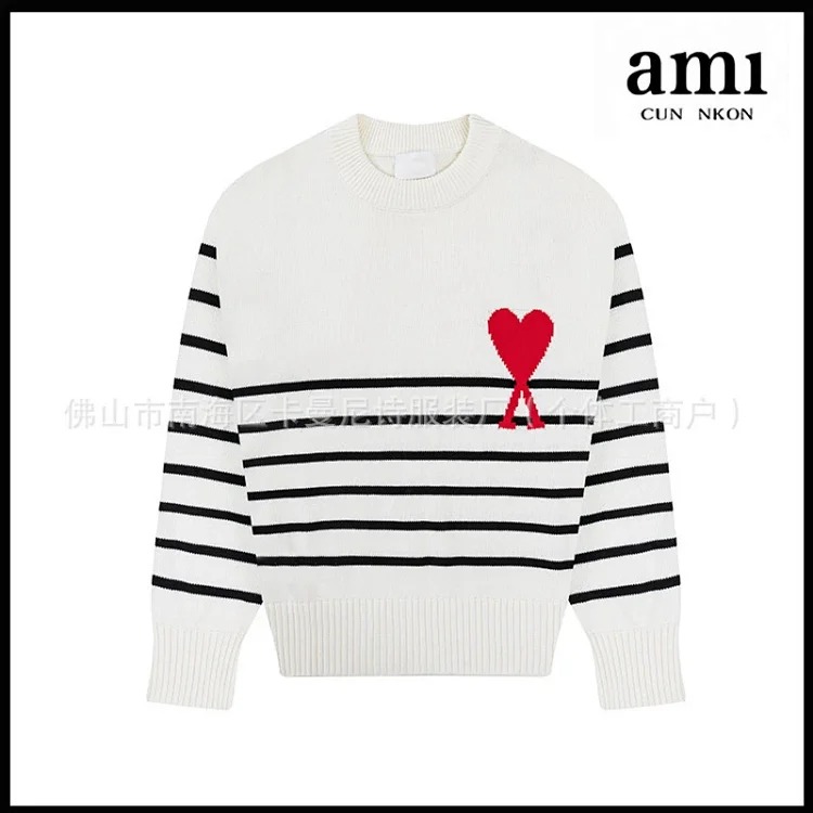 Cross-border AM sweater classic round neck big heart jacquard pullover loose lazy casual couple wear trend