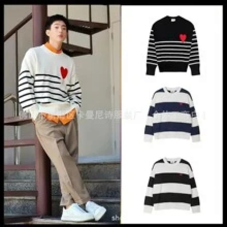 Cross-border AM sweater classic round neck big heart jacquard pullover loose lazy casual couple wear trend