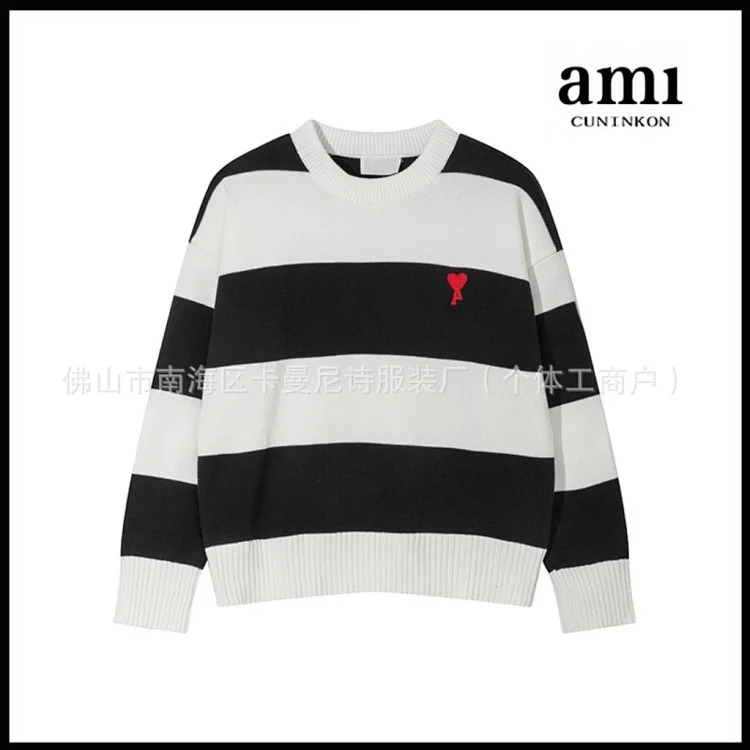 Cross-border AM sweater classic round neck big heart jacquard pullover loose lazy casual couple wear trend