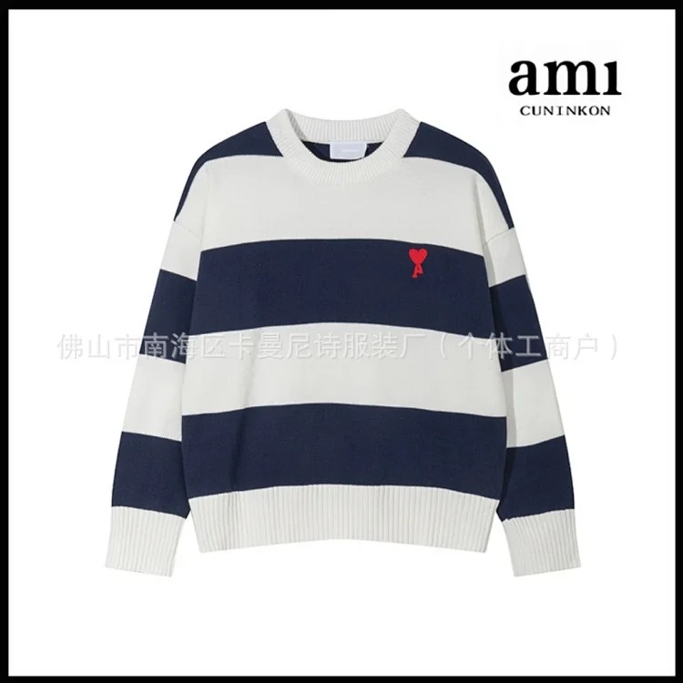 Cross-border AM sweater classic round neck big heart jacquard pullover loose lazy casual couple wear trend