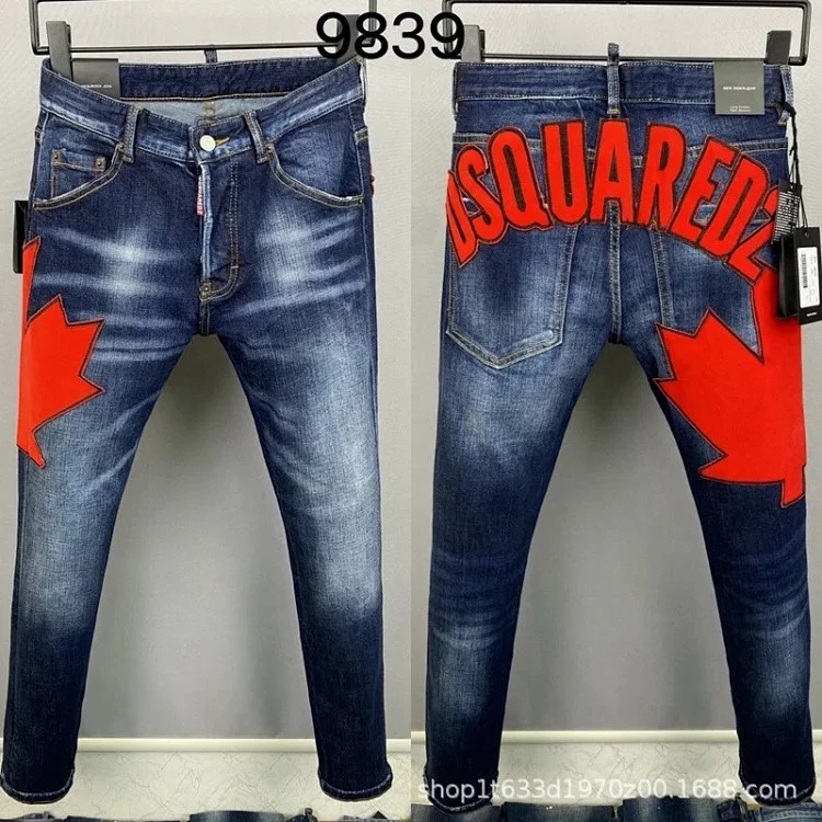Type 9839 2023D2 men's denim trousers quadratic patch embroidered maple leaf letters frosted white small-leg jeans
