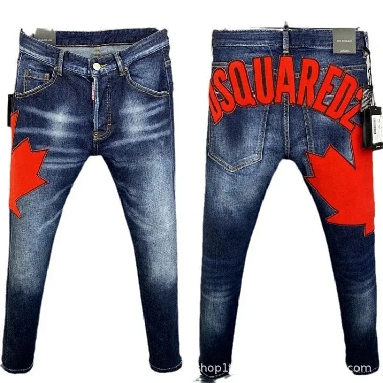 Type 9839 2023D2 men's denim trousers quadratic patch embroidered maple leaf letters frosted white small-leg jeans