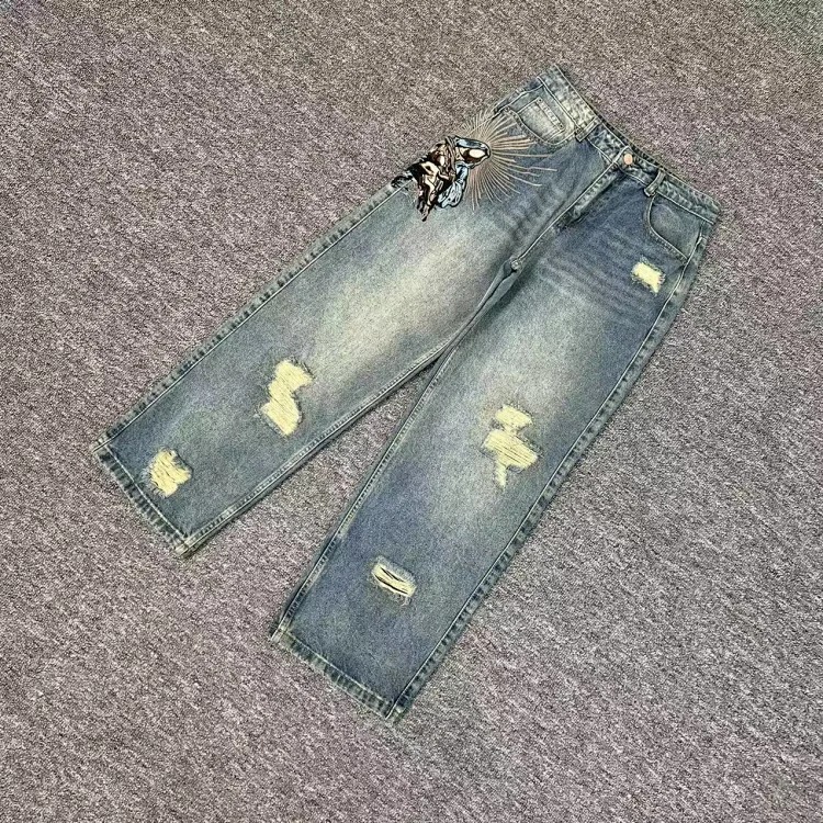 2025 new derschutze blossm European and American niche trendy brand embroidered cherry blossom casual high street jeans