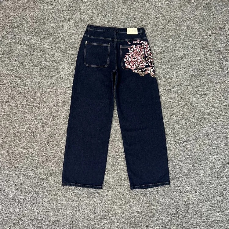 2025 new derschutze blossm European and American niche trendy brand embroidered cherry blossom casual high street jeans