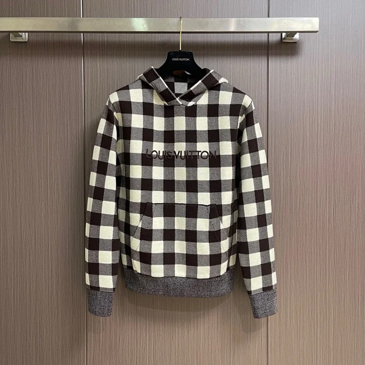 L2026 new men's fashion casual letter embroidery color block plaid knitted hooded sweatshirt