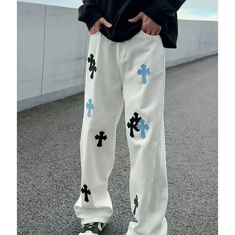 American street celebrity retro embroidered Crow heart white light luxury jeans classic leather cross men and women loose straight long pants
