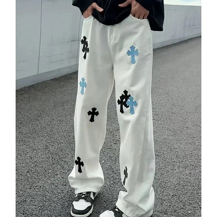 American street celebrity retro embroidered Crow heart white light luxury jeans classic leather cross men and women loose straight long pants