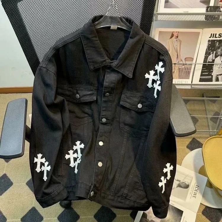 Crow Heart Light Luxury Denim Printed Jacket Spring and Autumn Unisex Trendy Brand Men