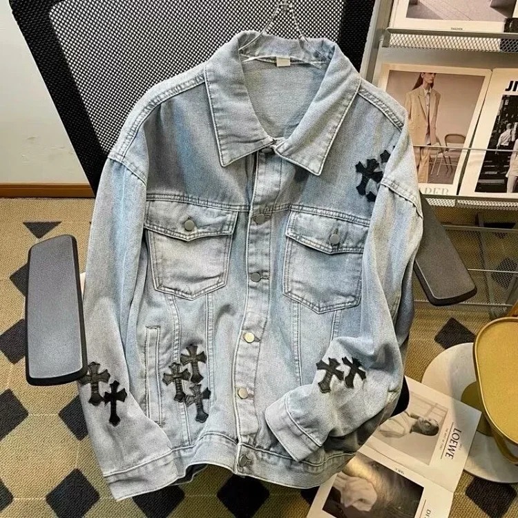 Crow Heart Light Luxury Denim Printed Jacket Spring and Autumn Unisex Trendy Brand Men