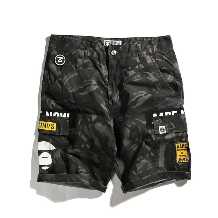 2022ss spring and summer new fashion brand AAPE ape head military workwear embroidered multi-pocket camouflage men's casual shorts street cloth pants five-quarter pants