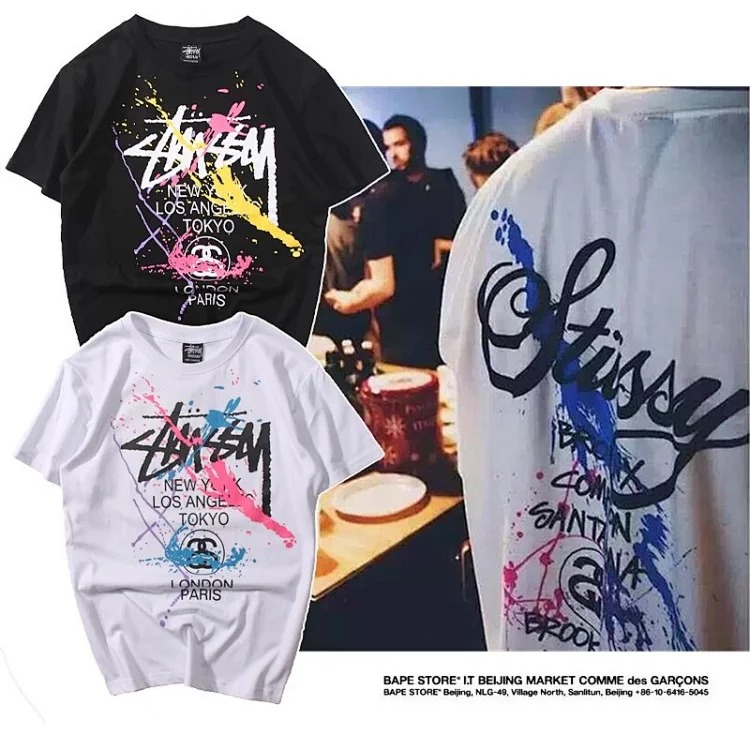 2025ss spring and summer trendy brand Stussy World Tour Paint world tour splash ink printing men's and women's short-sleeved T-shirt pure cotton round neck couple