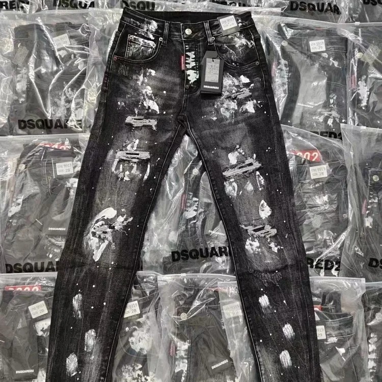 D2 knife cut splash ink ripped jeans men's black light luxury straight slim trousers