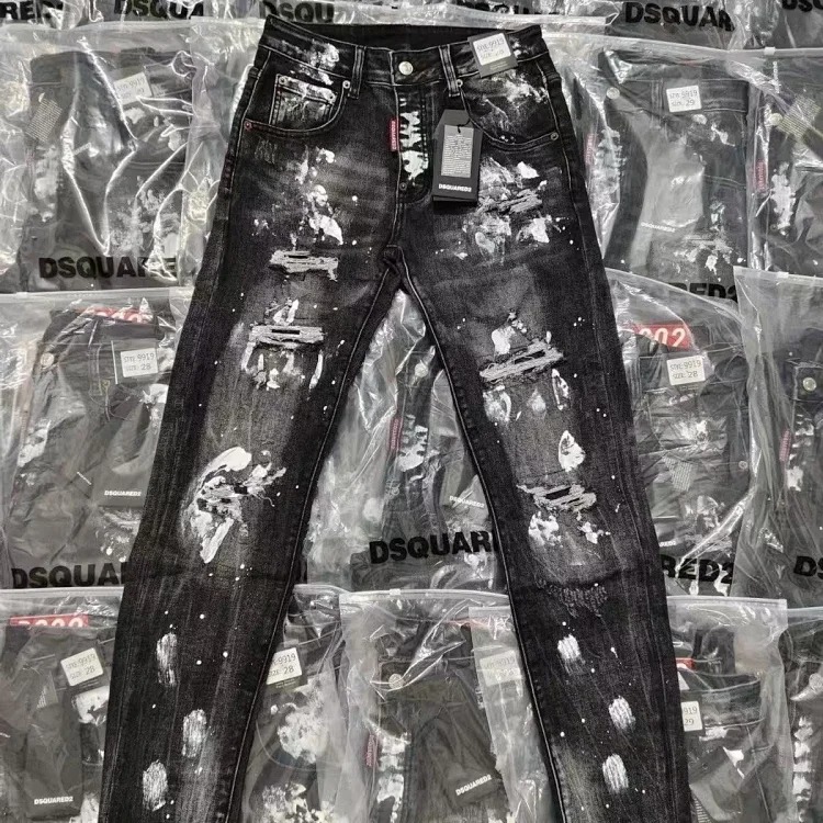 D2 knife cut splash ink ripped jeans men's black light luxury straight slim trousers