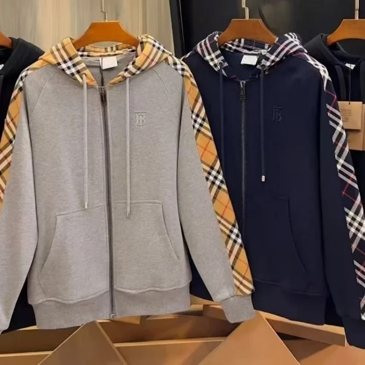 Burberry coat and sweatshirt 2025 autumn light luxury versatile patchwork cardigan plaid coat jacket casual hooded trend