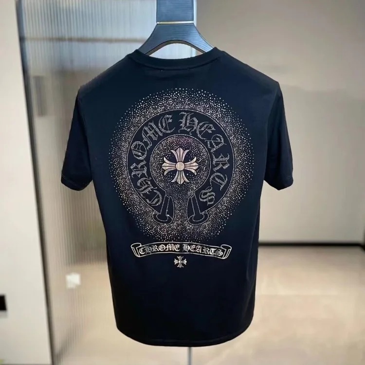Crow Heart Hot Diamond Light Luxury Short Sleeve T-Shirt Black Men and Women Same Style CH Short Sleeve Light Luxury Half Sleeve Top