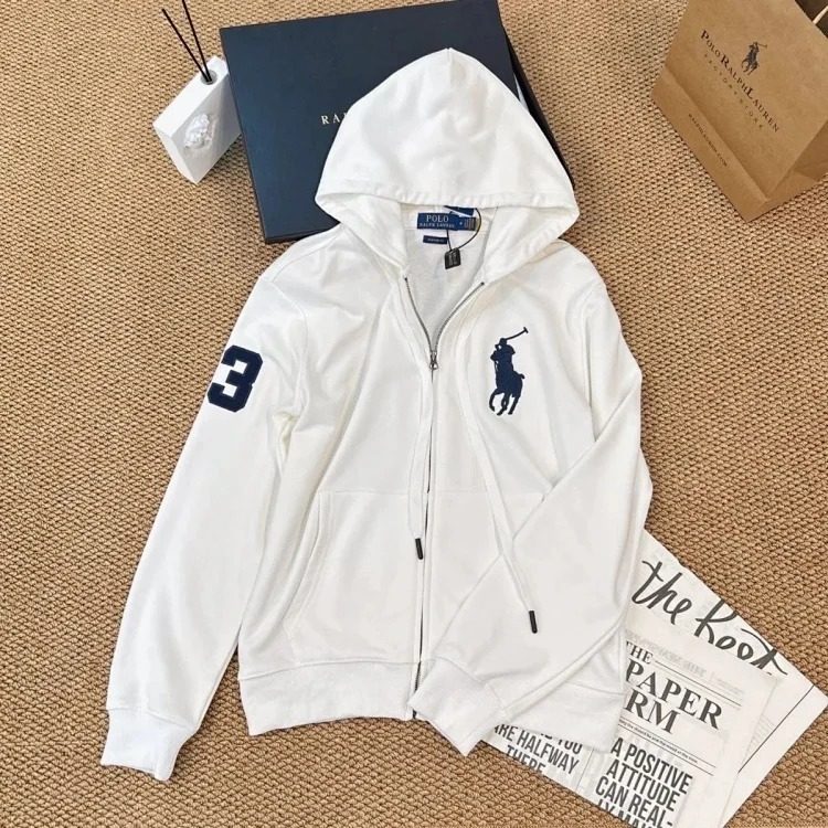Paul POLO Ralph Lauren hooded cardigan zipper jacket for men and women with pony plus velvet thermal sweatshirt image 6