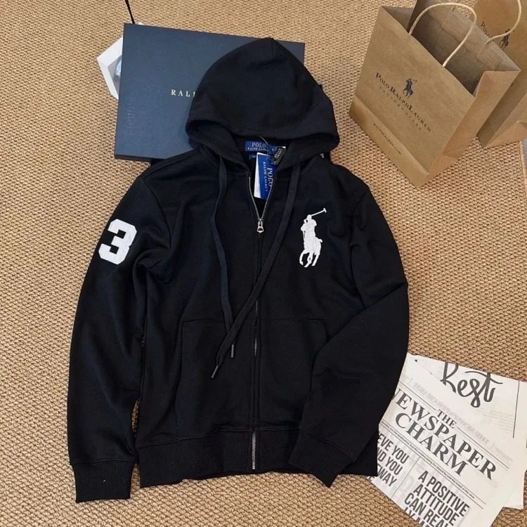 Paul POLO Ralph Lauren hooded cardigan zipper jacket for men and women with pony plus velvet thermal sweatshirt image 7