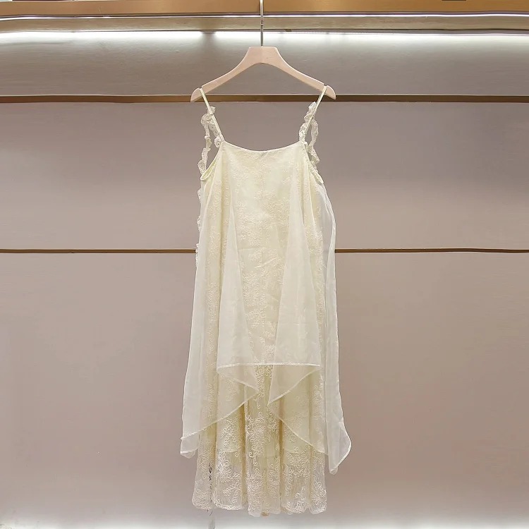 Summer new romantic French elegant lace splicing backless suspender dress