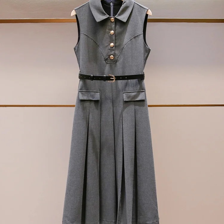 SP's new summer style French casual style celebrity lapel A-line waist slimming long vest pleated dress