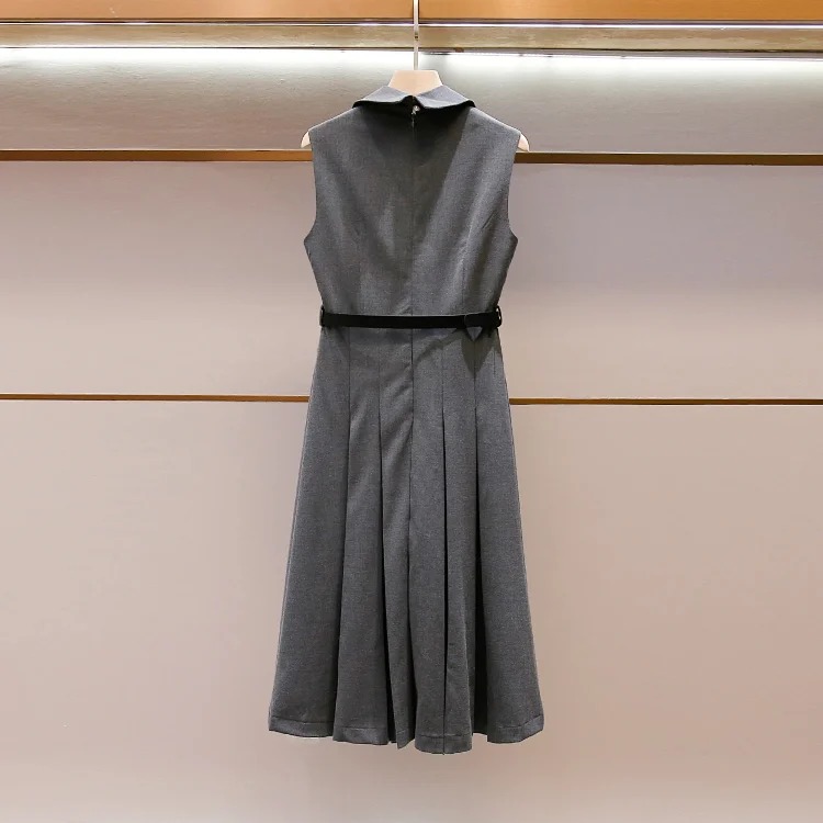 SP's new summer style French casual style celebrity lapel A-line waist slimming long vest pleated dress