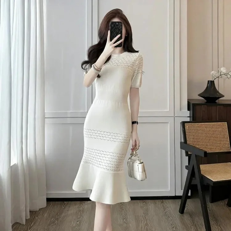 Summer style round neck short-sleeved hollow ice silk knitted dress for women with small fragrant waist and mid-length fishtail skirt
