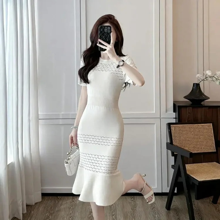 Summer style round neck short-sleeved hollow ice silk knitted dress for women with small fragrant waist and mid-length fishtail skirt