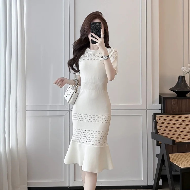 Summer style round neck short-sleeved hollow ice silk knitted dress for women with small fragrant waist and mid-length fishtail skirt