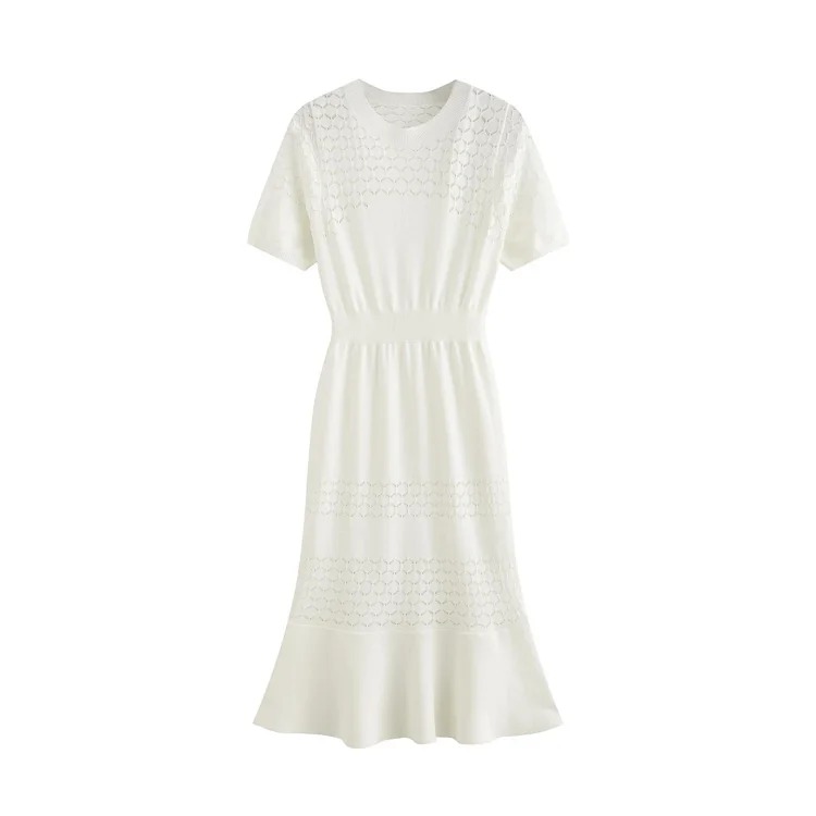Summer style round neck short-sleeved hollow ice silk knitted dress for women with small fragrant waist and mid-length fishtail skirt