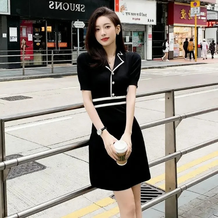 [OG] Global Shopping Summer Ice Silk Knitted Dress Women's French Style Socialite Small Fragrance Style Waist Slimming Short Sleeve A-Line Little Black Dress