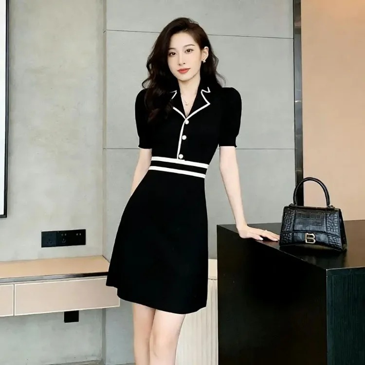 [OG] Global Shopping Summer Ice Silk Knitted Dress Women's French Style Socialite Small Fragrance Style Waist Slimming Short Sleeve A-Line Little Black Dress
